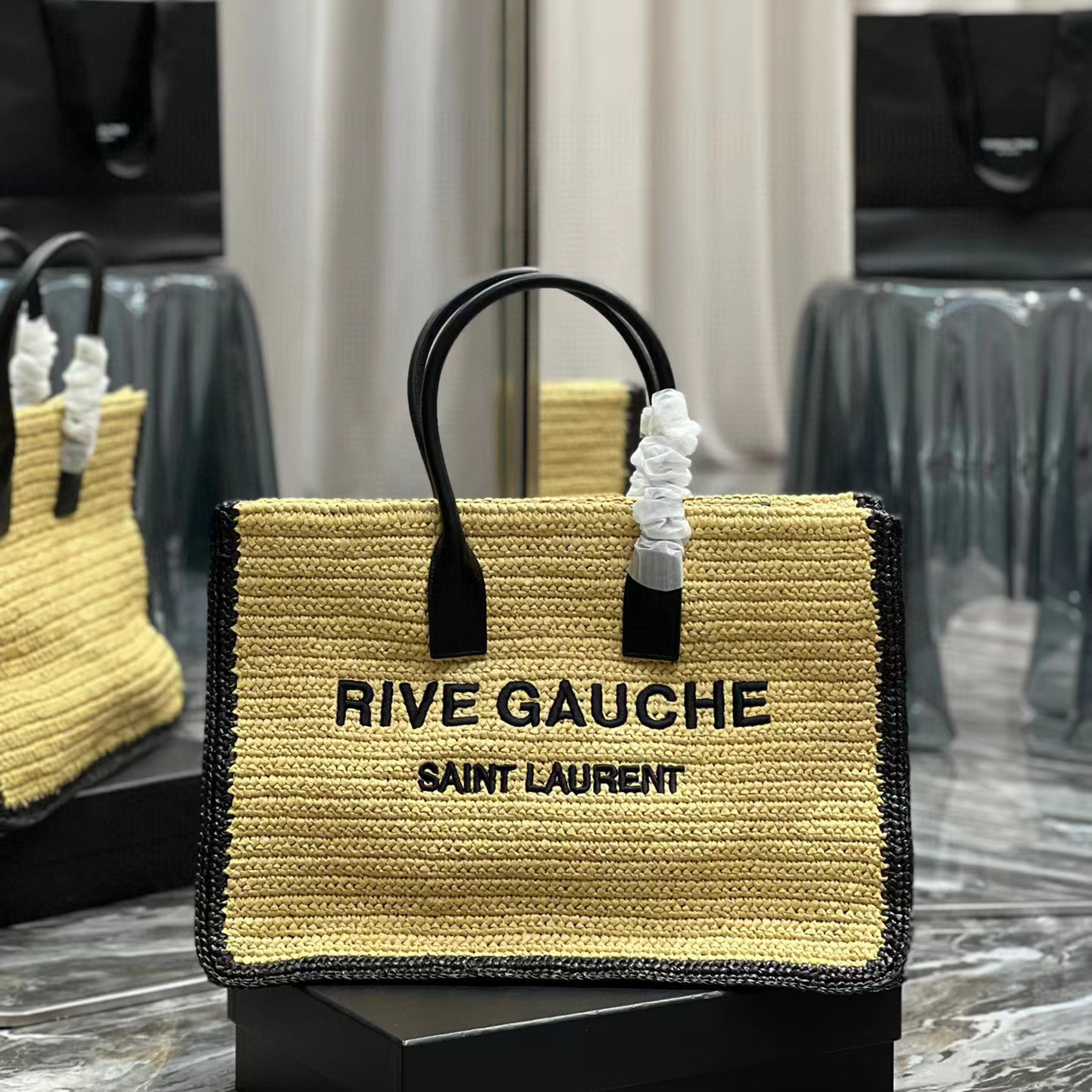 Saint Laurent Rive Gauche Tote Bag In Raffia And Leather(48-36-16cm) - DopestKickz