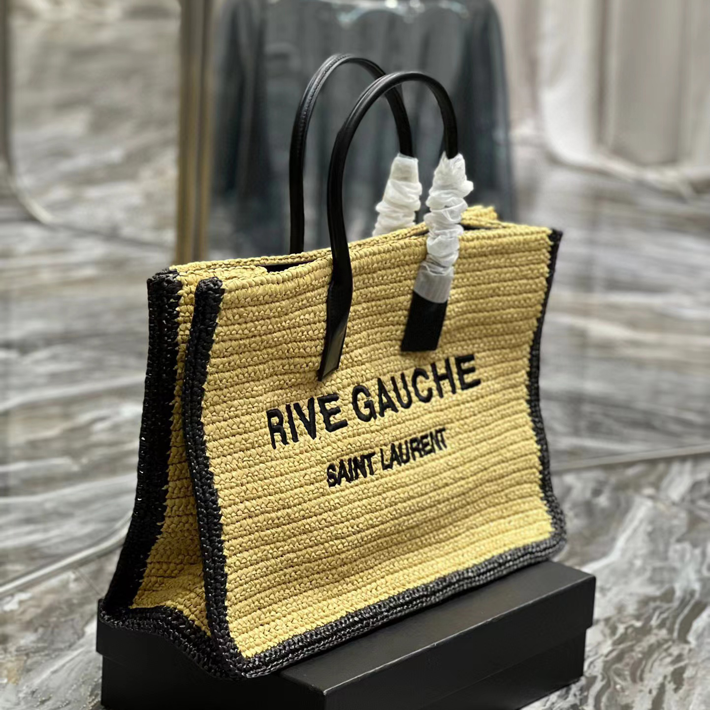 Saint Laurent Rive Gauche Tote Bag In Raffia And Leather(48-36-16cm) - DopestKickz