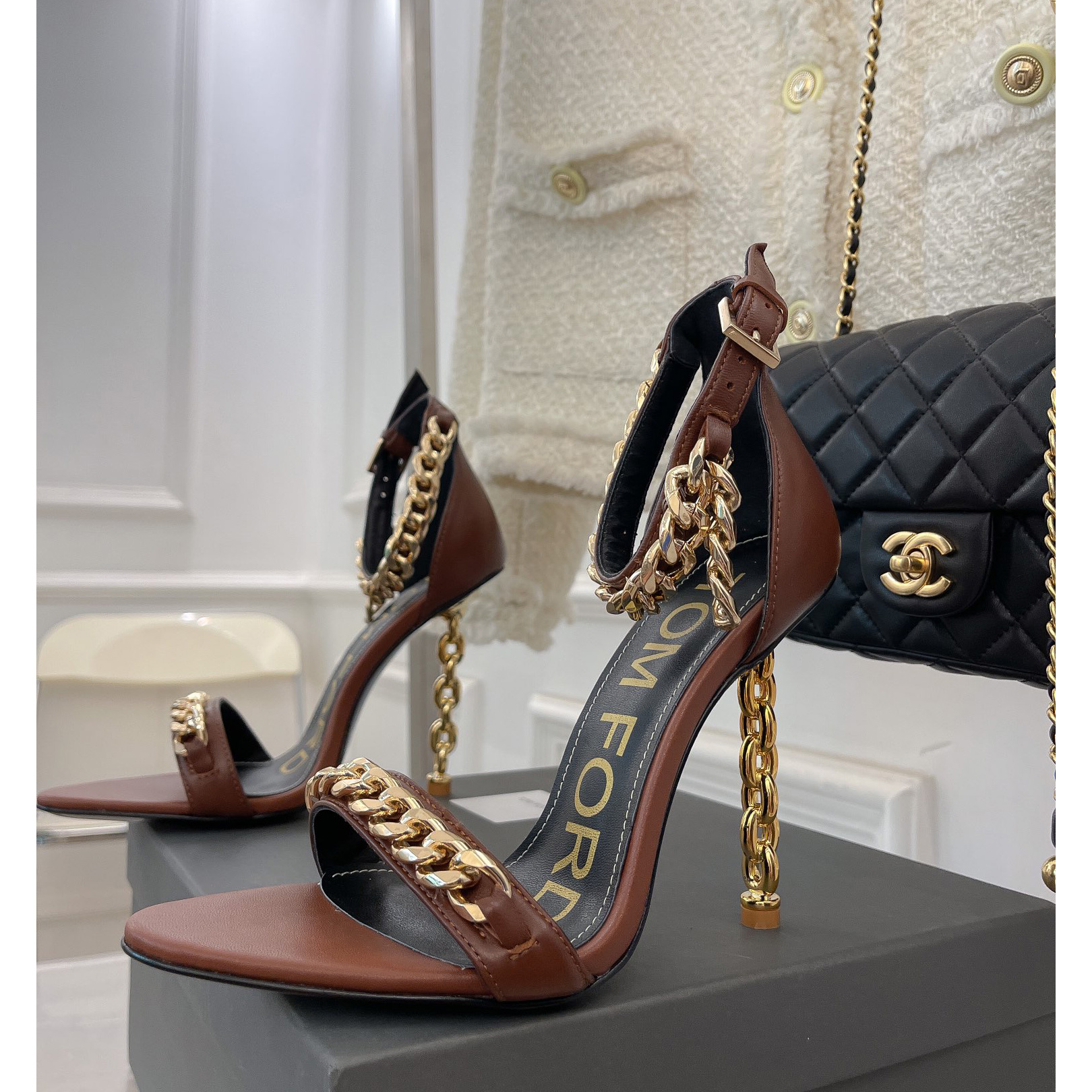 Tom Ford Chain-Trimmed Leather Sandals With Heel Height Of 10.5cm - DopestKickz