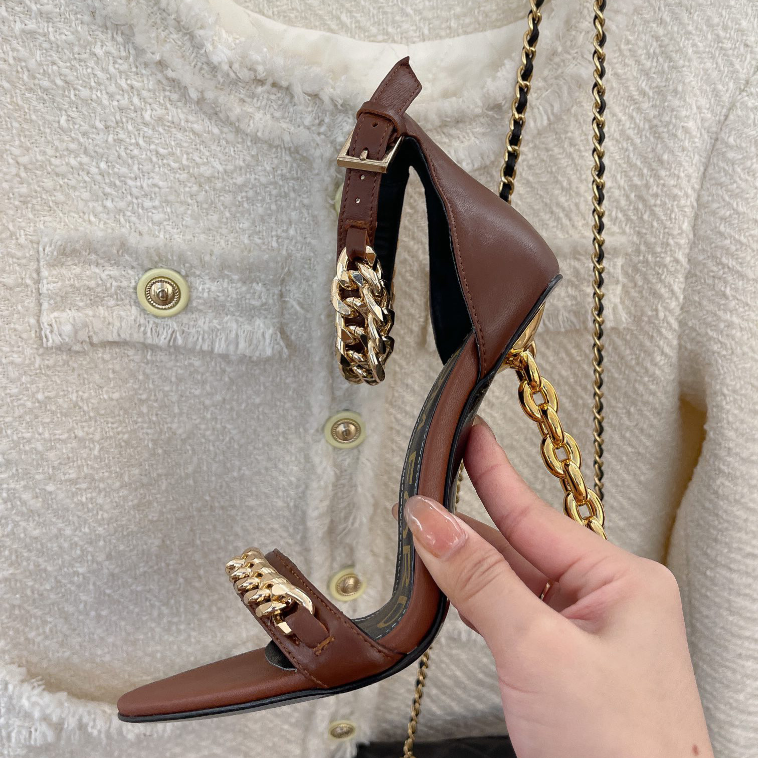 Tom Ford Chain-Trimmed Leather Sandals With Heel Height Of 10.5cm - DopestKickz