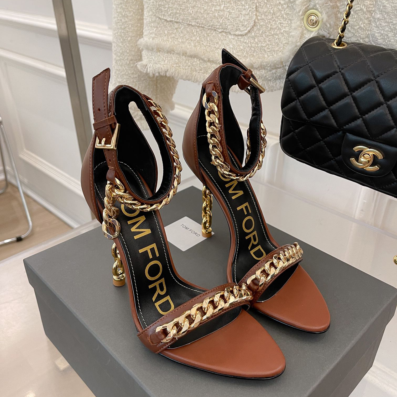 Tom Ford Chain-Trimmed Leather Sandals With Heel Height Of 10.5cm - DopestKickz