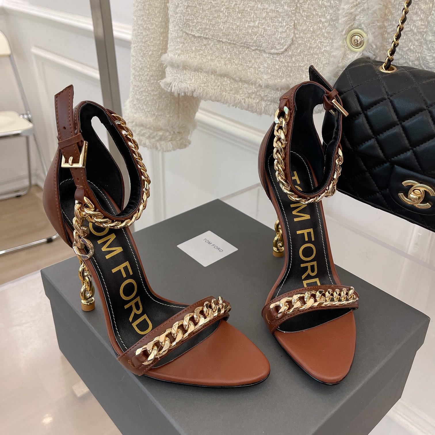 Tom Ford Chain-Trimmed Leather Sandals With Heel Height Of 10.5cm - DopestKickz