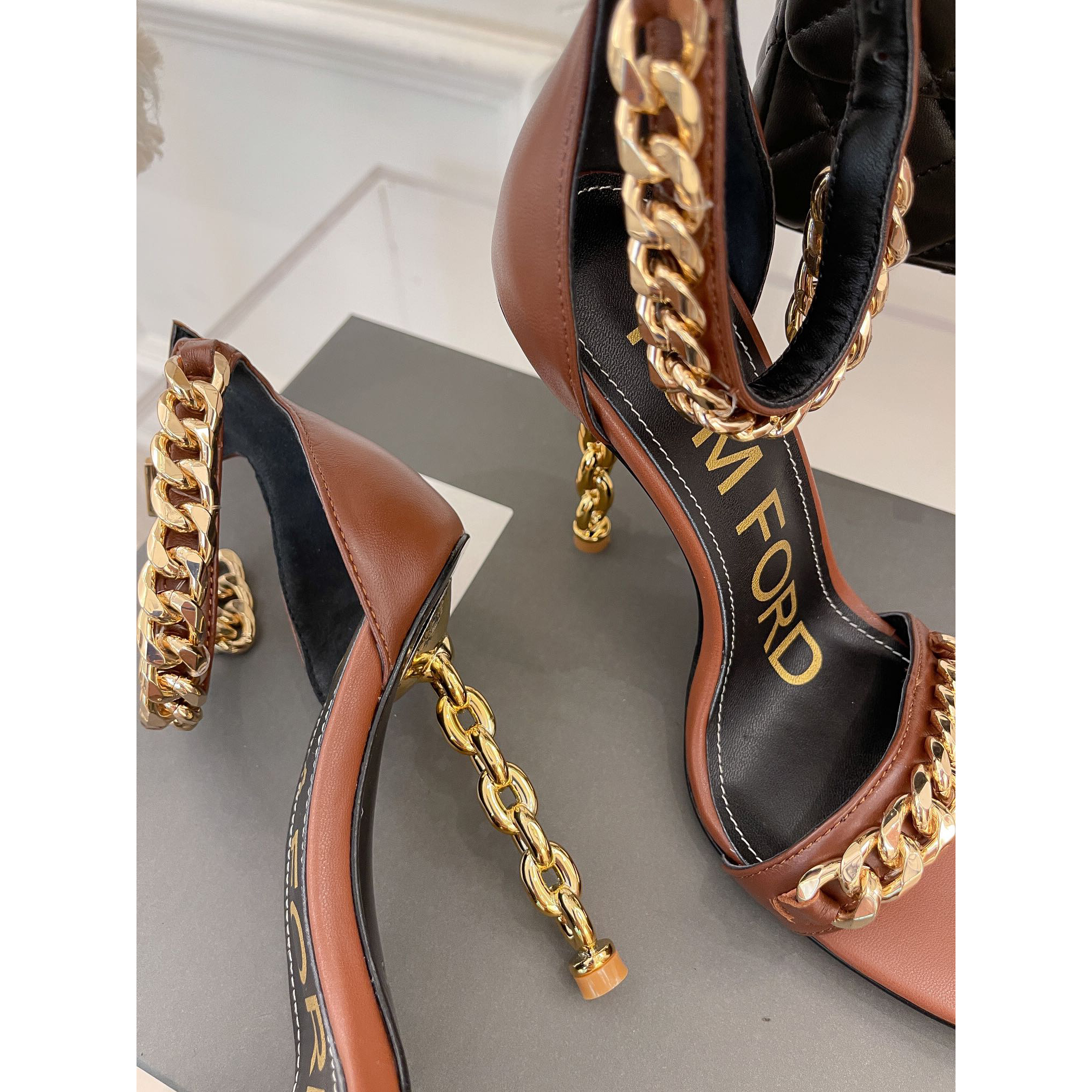 Tom Ford Chain-Trimmed Leather Sandals With Heel Height Of 10.5cm - DopestKickz