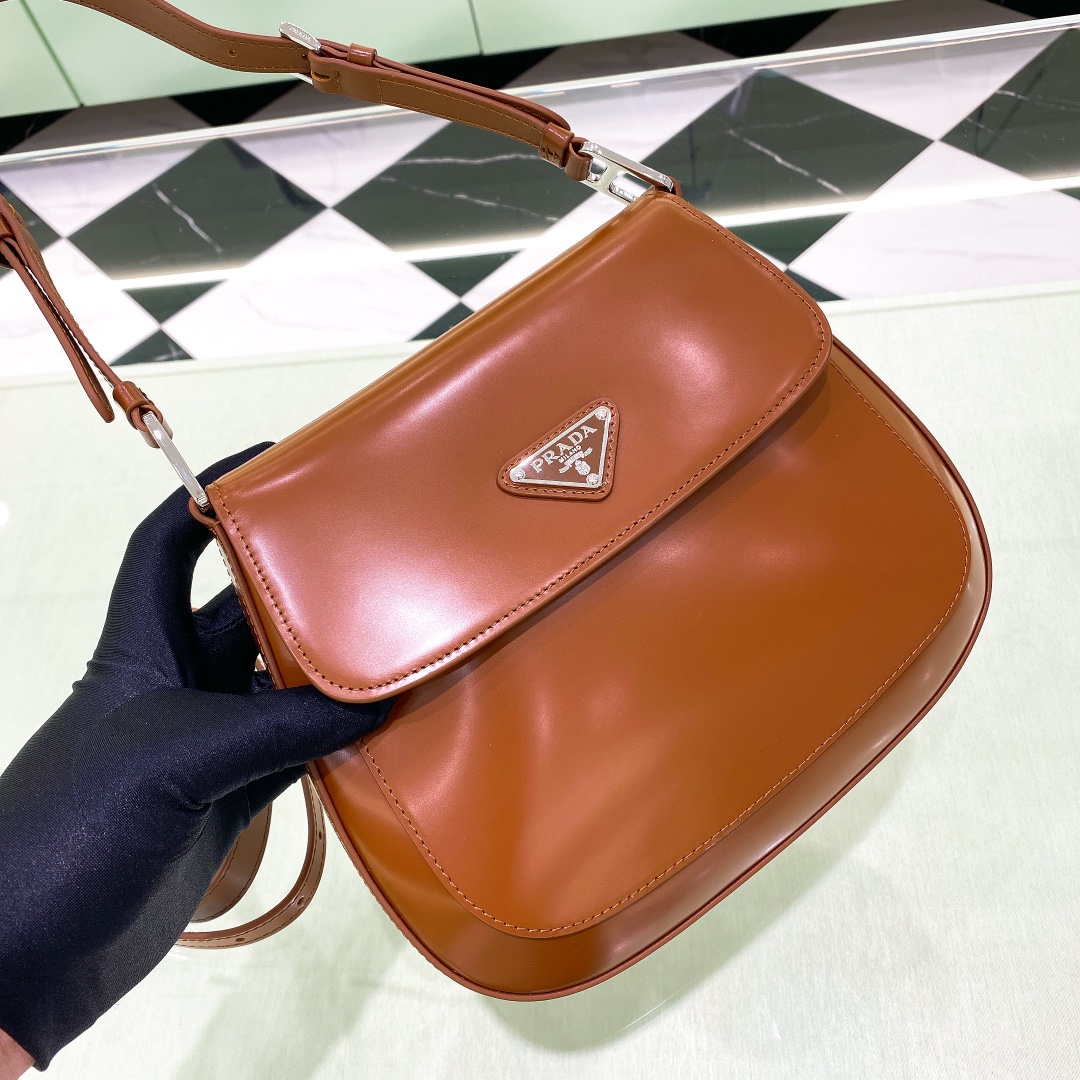 Prada Cleo Brushed Leather Shoulder Bag In Brown(24-19-6cm)   1BD303 - DopestKickz