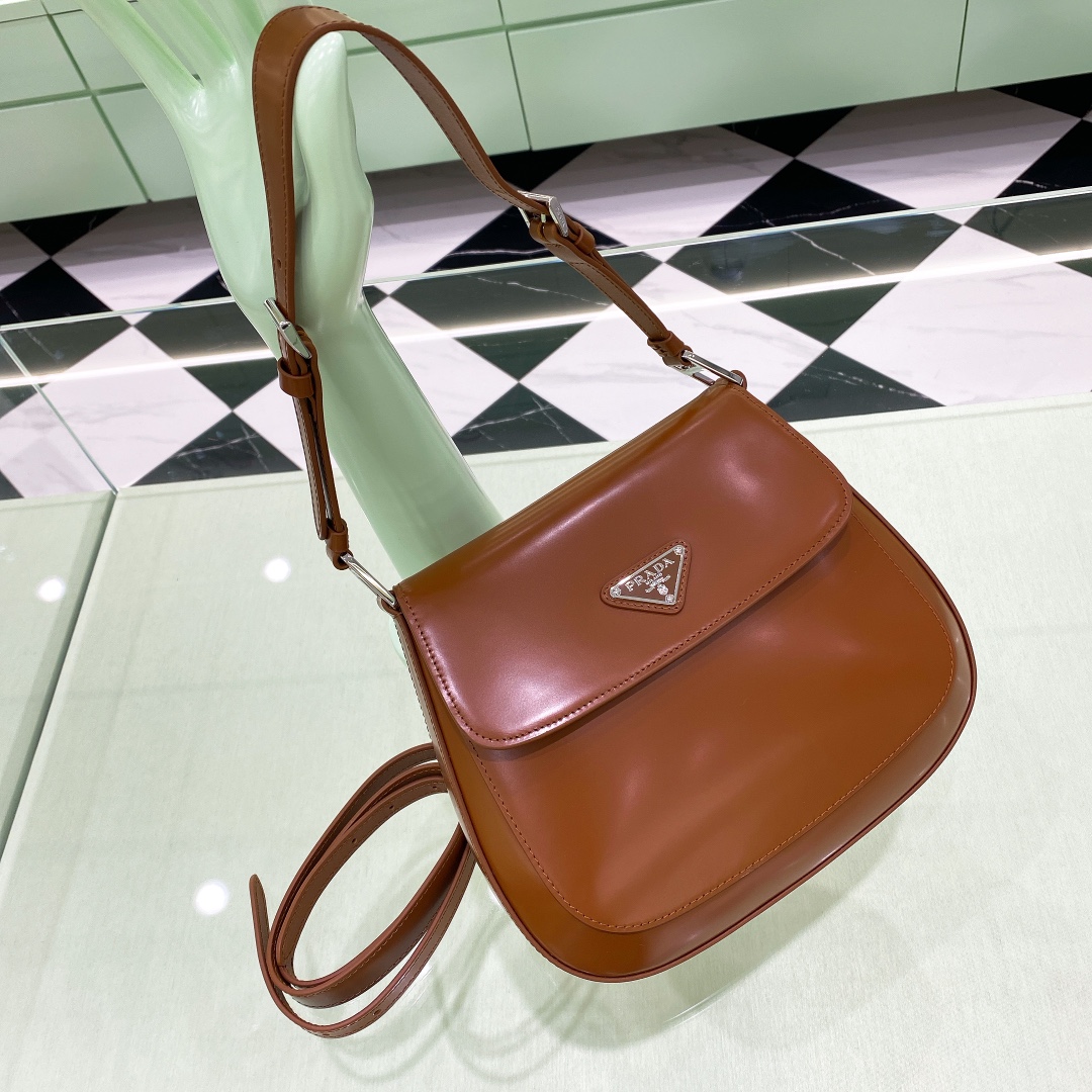 Prada Cleo Brushed Leather Shoulder Bag In Brown(24-19-6cm)   1BD303 - DopestKickz