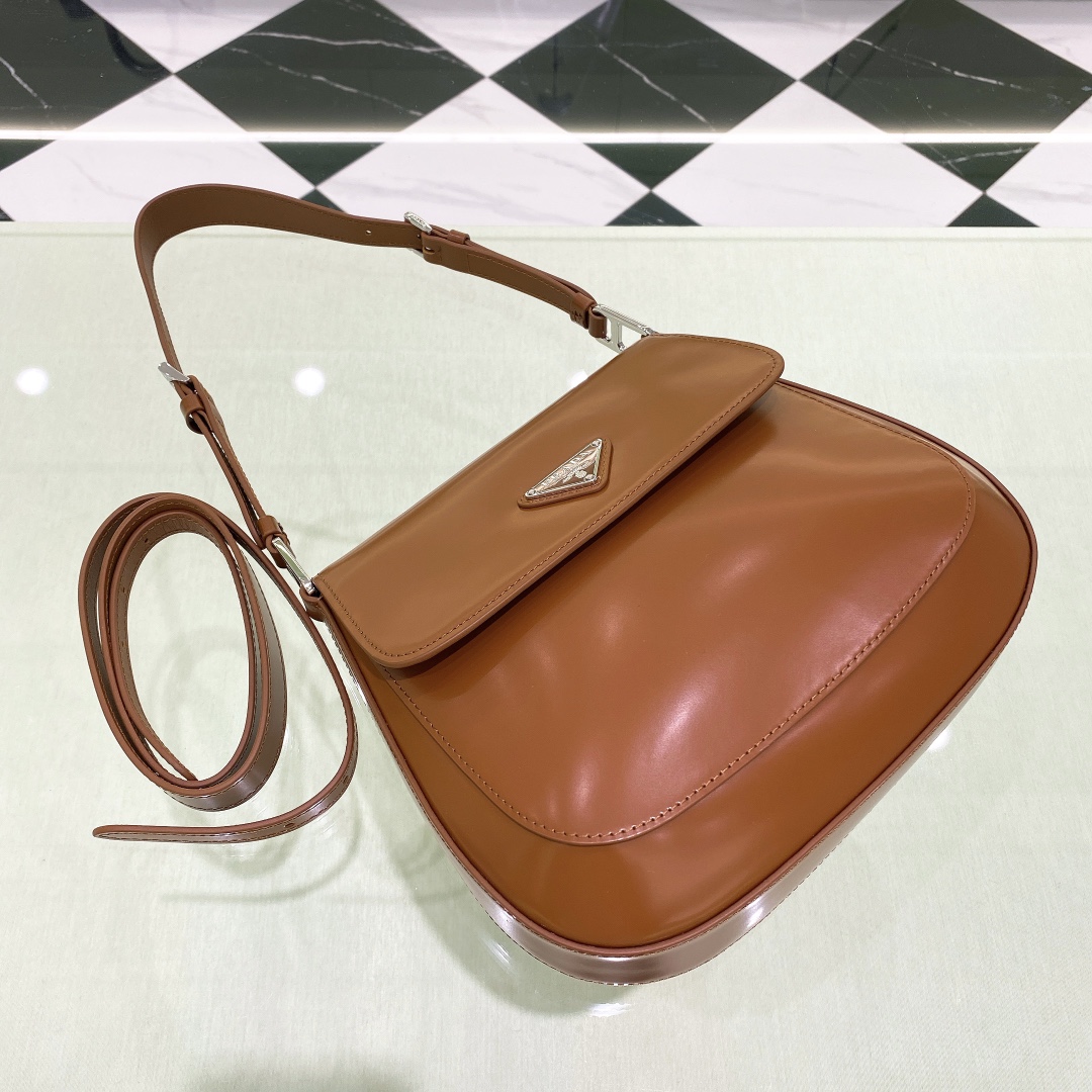 Prada Cleo Brushed Leather Shoulder Bag In Brown(24-19-6cm)   1BD303 - DopestKickz