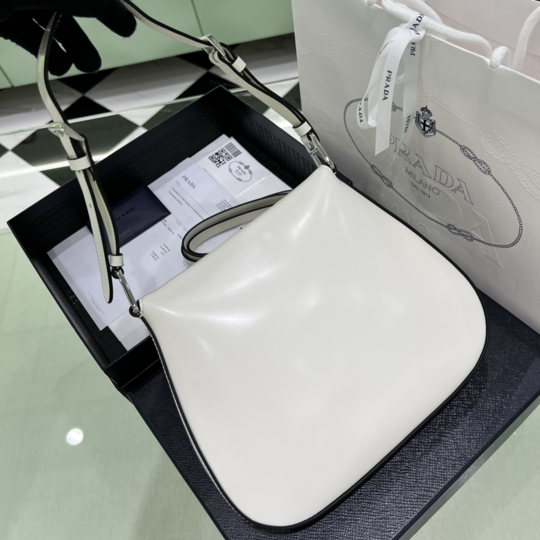 Prada Cleo Brushed Leather Shoulder Bag In White(24-19-6cm)   1BD303 - DopestKickz