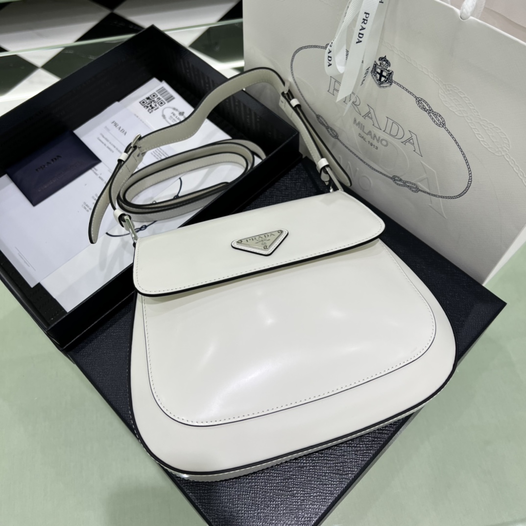 Prada Cleo Brushed Leather Shoulder Bag In White(24-19-6cm)   1BD303 - DopestKickz
