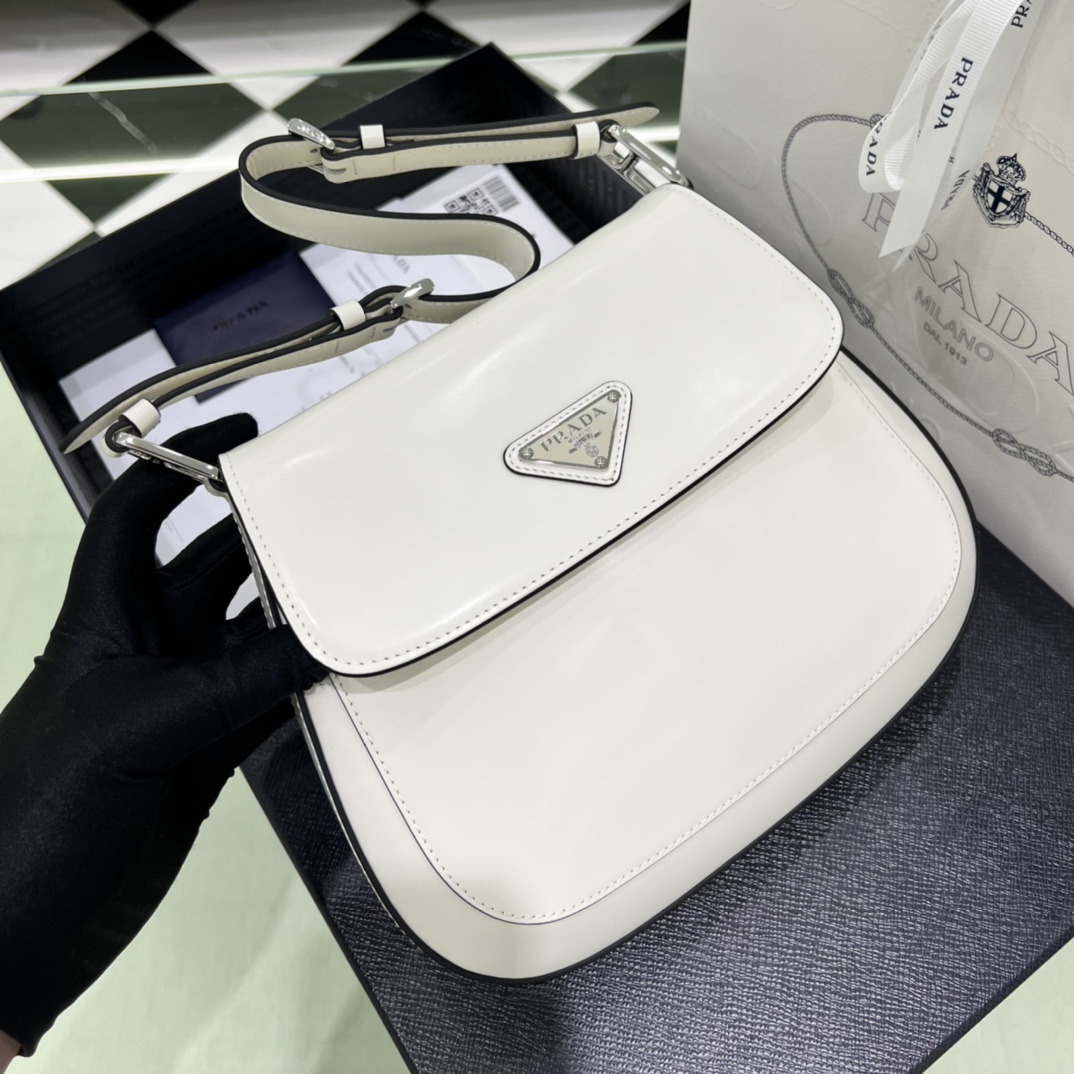 Prada Cleo Brushed Leather Shoulder Bag In White(24-19-6cm)   1BD303 - DopestKickz