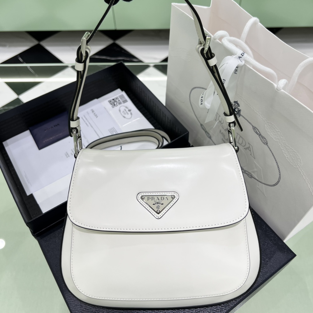 Prada Cleo Brushed Leather Shoulder Bag In White(24-19-6cm)   1BD303 - DopestKickz