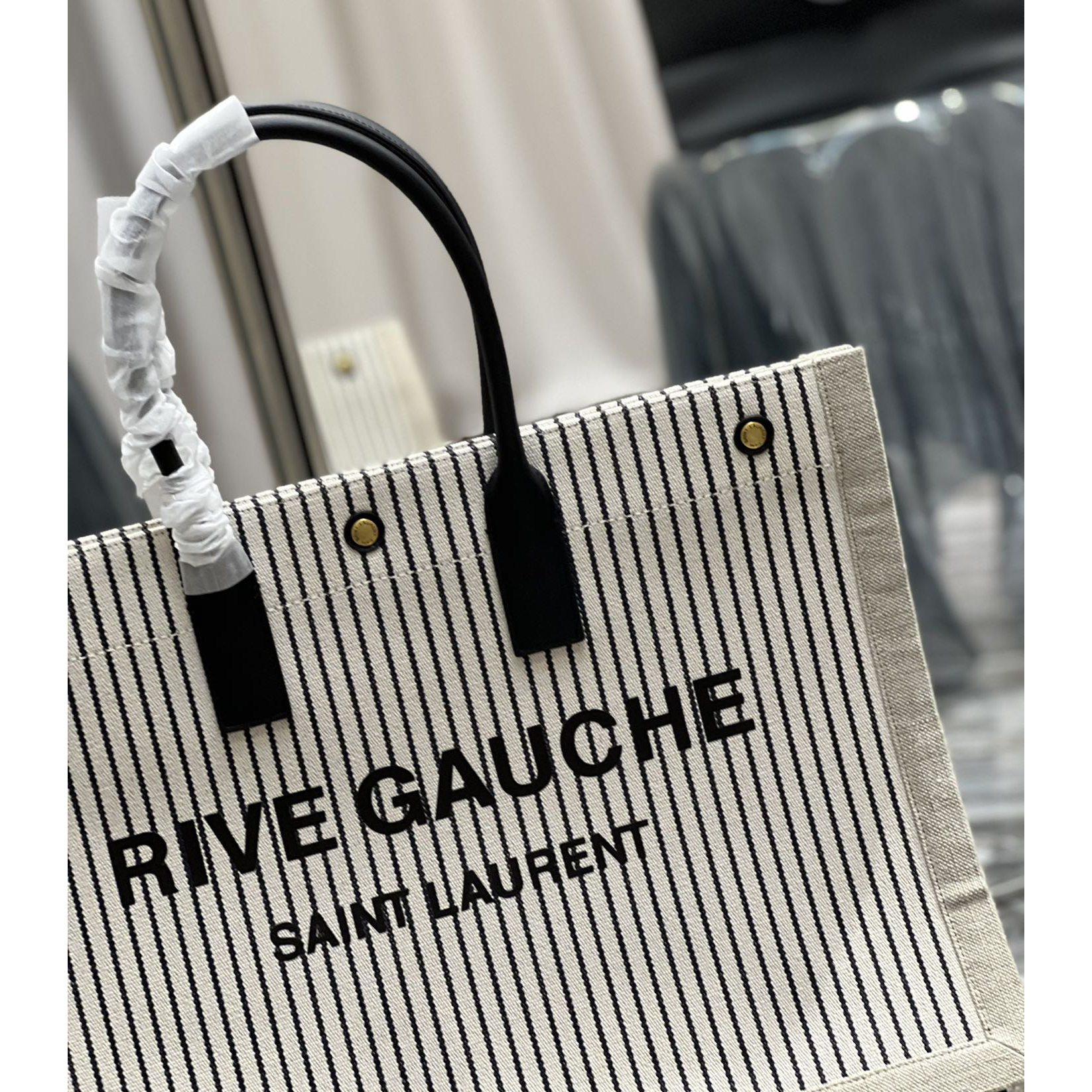 Saint Laurent Rive Gquche Tote Bag In Linen And Smooth Leather(48-36-16cm) - DopestKickz