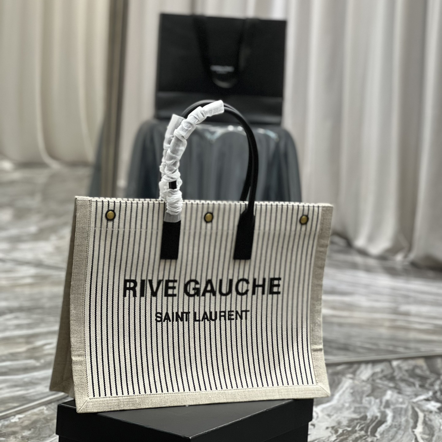 Saint Laurent Rive Gquche Tote Bag In Linen And Smooth Leather(48-36-16cm) - DopestKickz