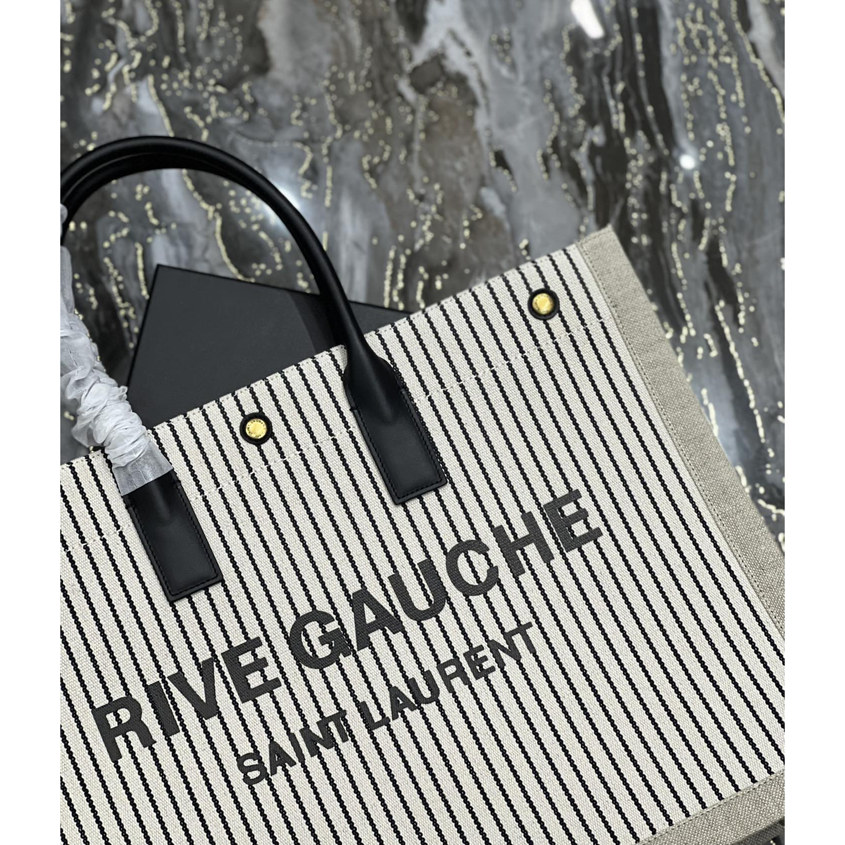 Saint Laurent Rive Gquche Tote Bag In Linen And Smooth Leather(48-36-16cm) - DopestKickz