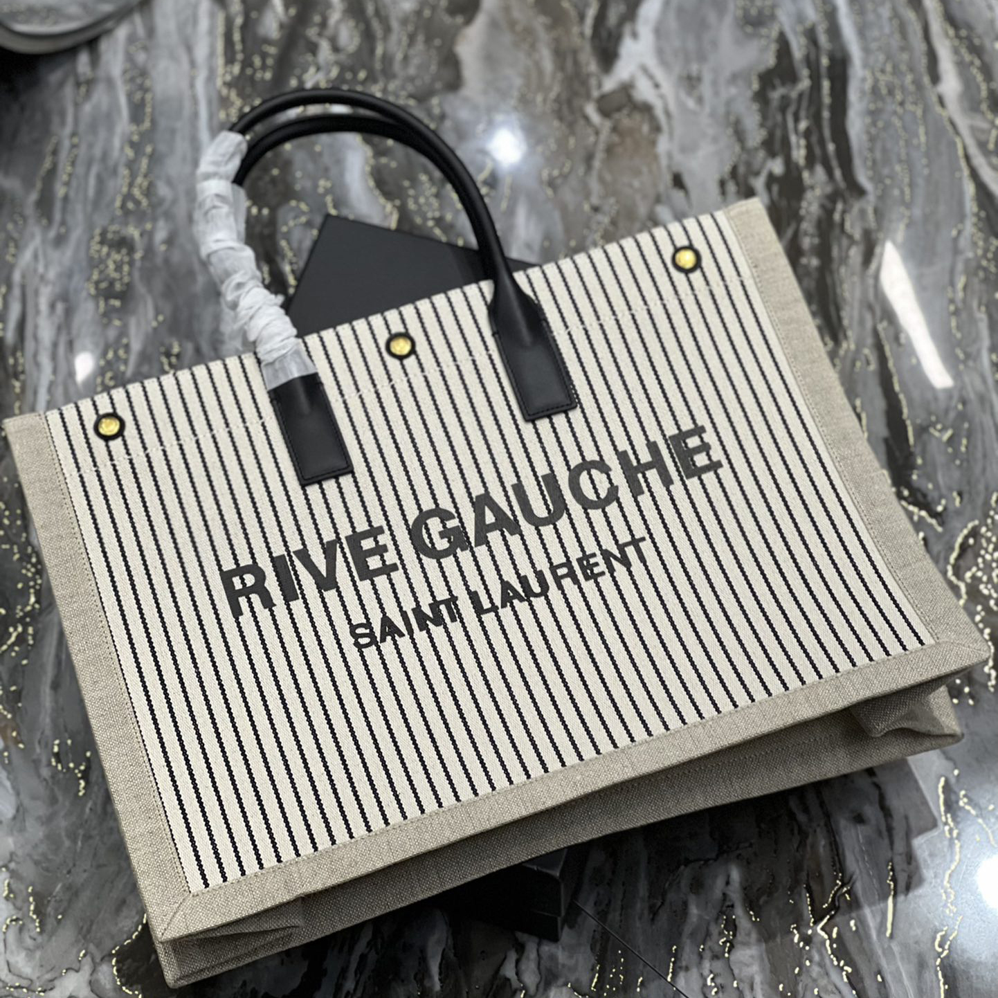 Saint Laurent Rive Gquche Tote Bag In Linen And Smooth Leather(48-36-16cm) - DopestKickz