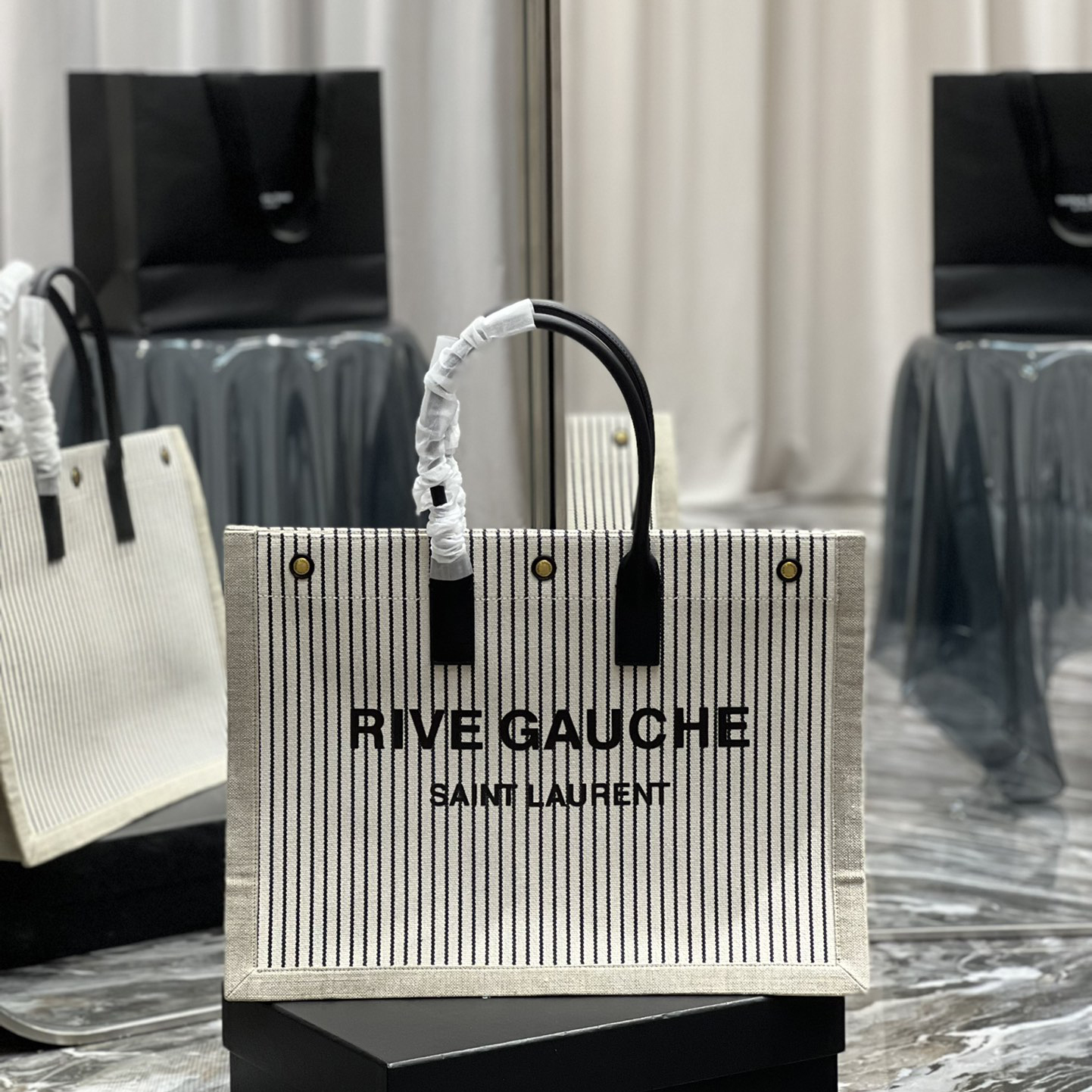 Saint Laurent Rive Gquche Tote Bag In Linen And Smooth Leather(48-36-16cm) - DopestKickz
