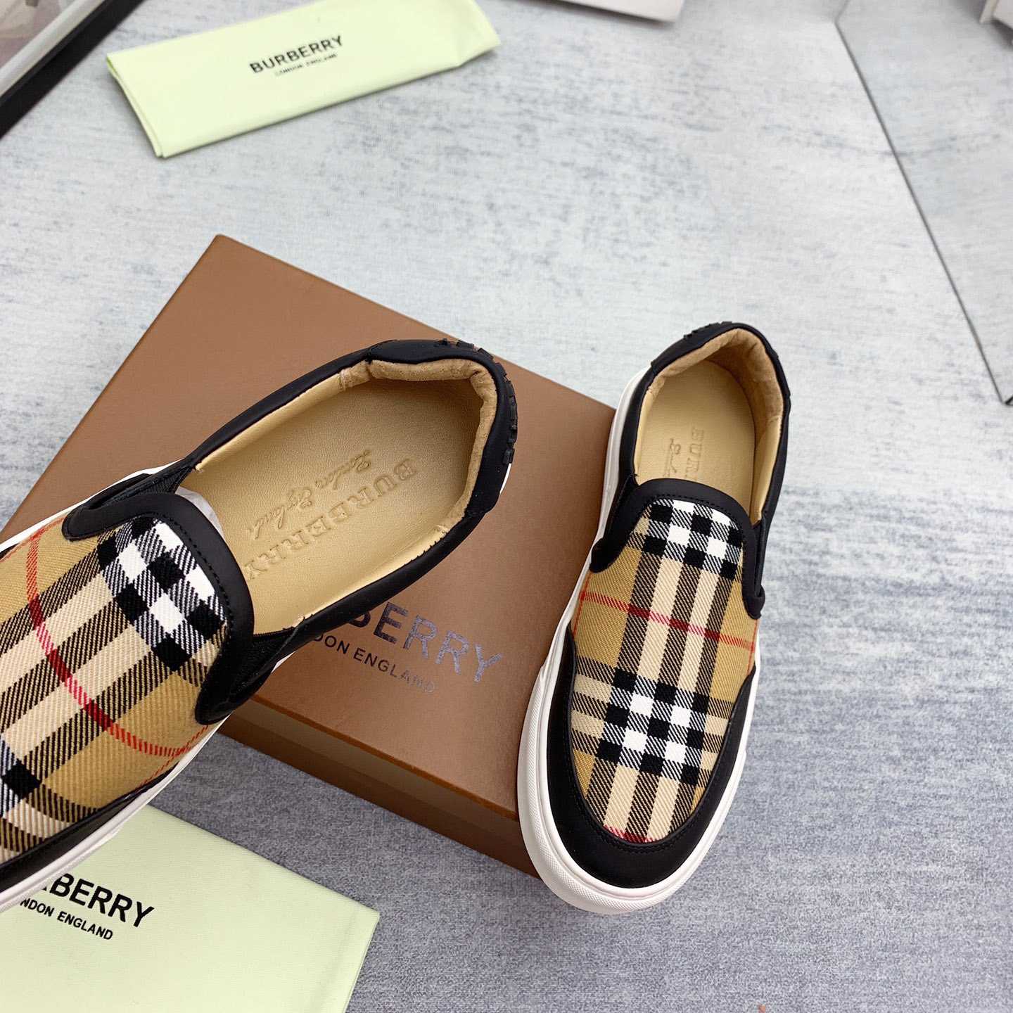 Burberry Leather And Vintage Check Slip-On Sneakers - DopestKickz
