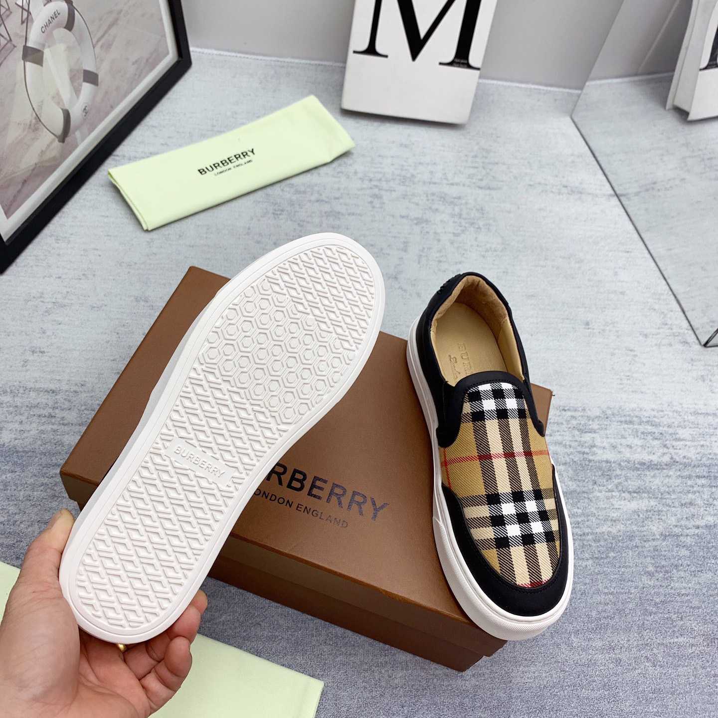 Burberry Leather And Vintage Check Slip-On Sneakers - DopestKickz