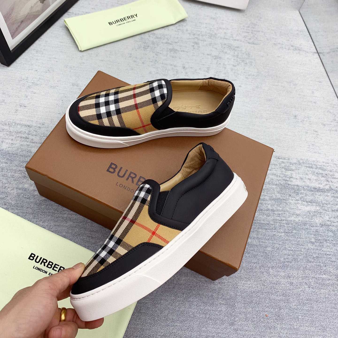 Burberry Leather And Vintage Check Slip-On Sneakers - DopestKickz