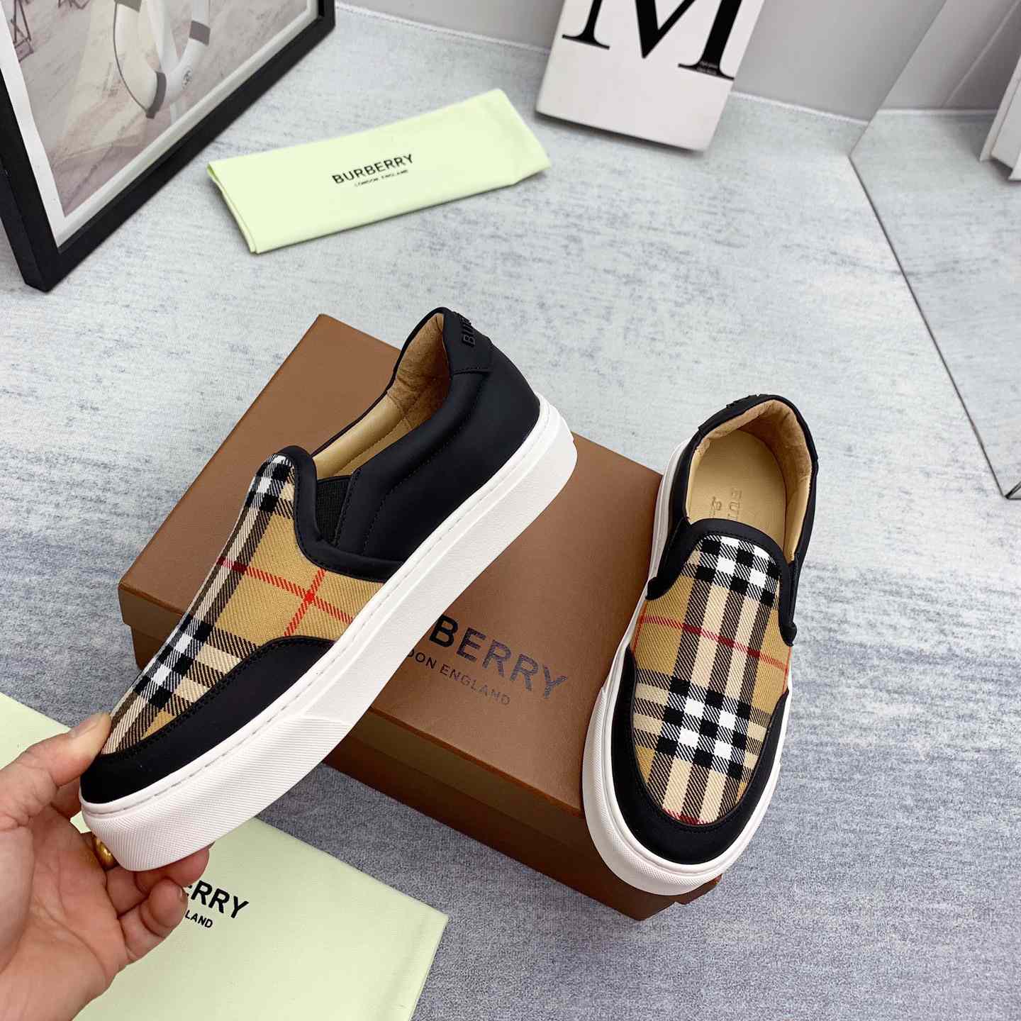 Burberry Leather And Vintage Check Slip-On Sneakers - DopestKickz
