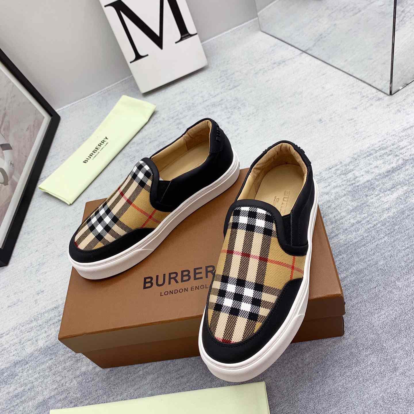 Burberry Leather And Vintage Check Slip-On Sneakers - DopestKickz