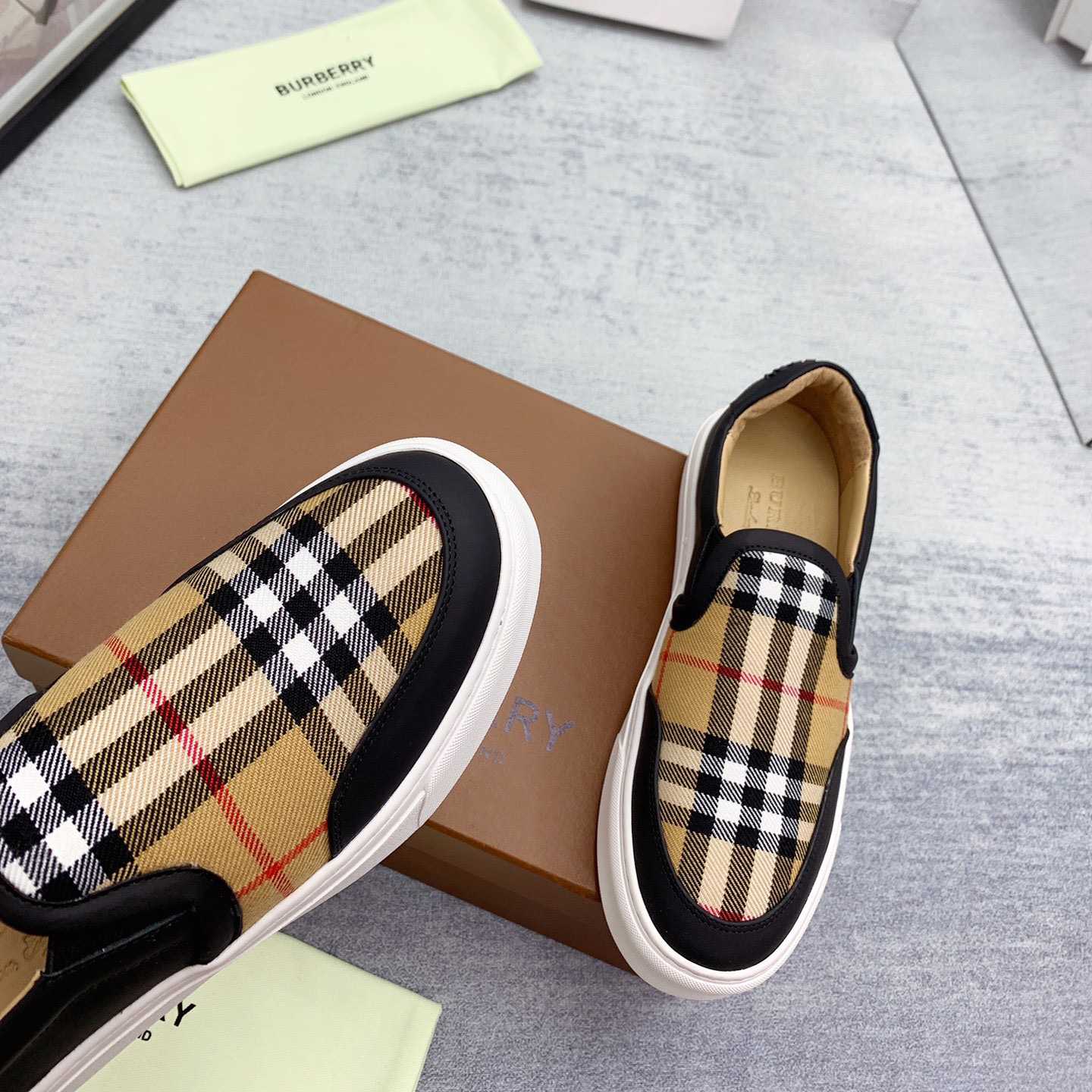 Burberry Leather And Vintage Check Slip-On Sneakers - DopestKickz