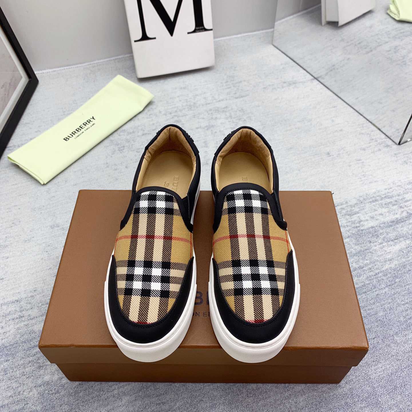 Burberry Leather And Vintage Check Slip-On Sneakers - DopestKickz