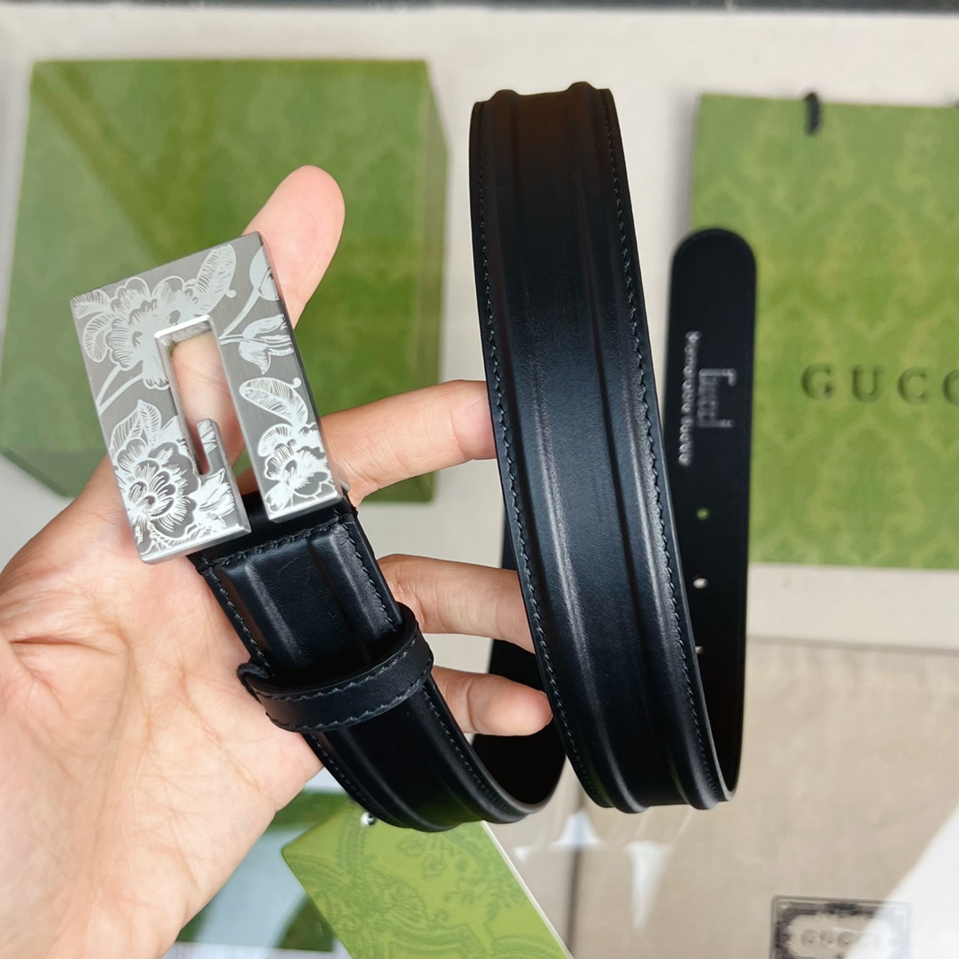 Gucci Thin Belt With Engraved Square G Buckle - DopestKickz