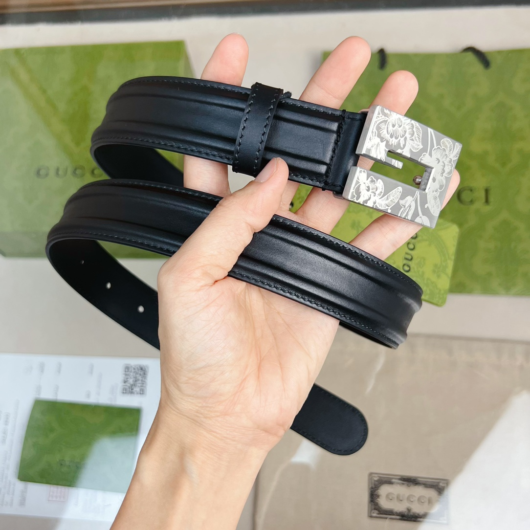 Gucci Thin Belt With Engraved Square G Buckle - DopestKickz