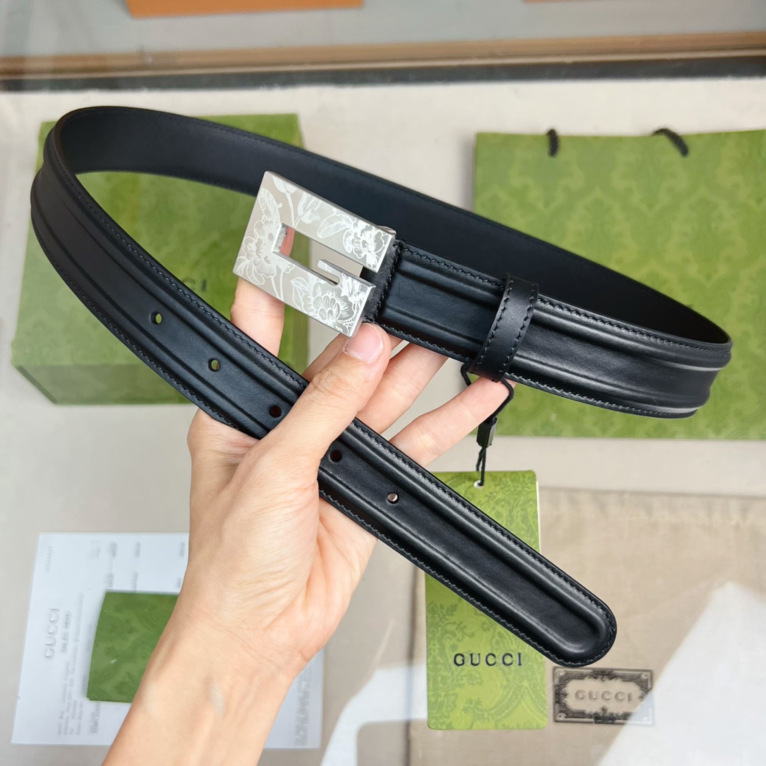 Gucci Thin Belt With Engraved Square G Buckle - DopestKickz