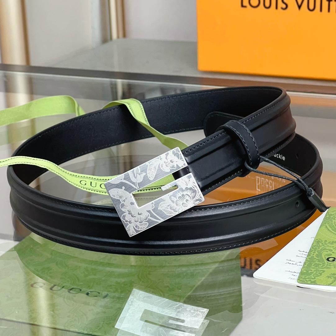 Gucci Thin Belt With Engraved Square G Buckle - DopestKickz