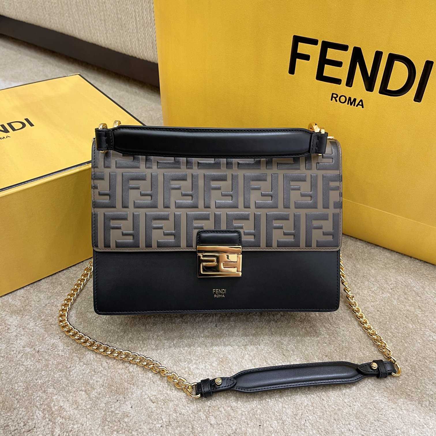 Fendi Kan I Black Leather Bag (25-17-10cm)   - DopestKickz