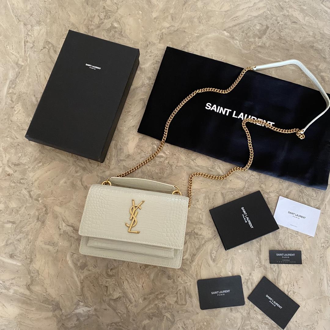 Saint Laurent Sunset Chain Wallet In Crocodile-Embossed Shiny Leather - DopestKickz