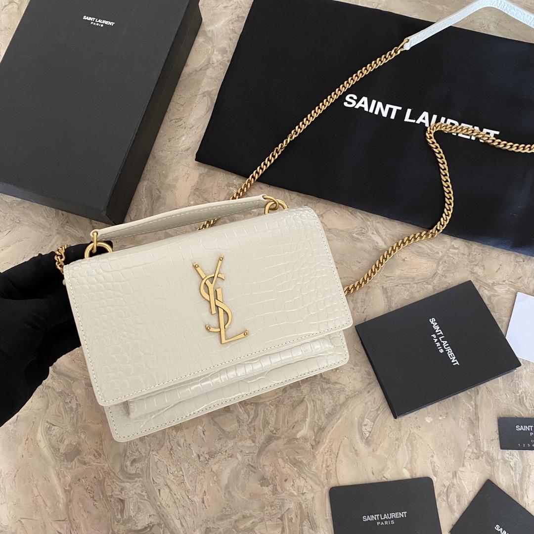 Saint Laurent Sunset Chain Wallet In Crocodile-Embossed Shiny Leather - DopestKickz