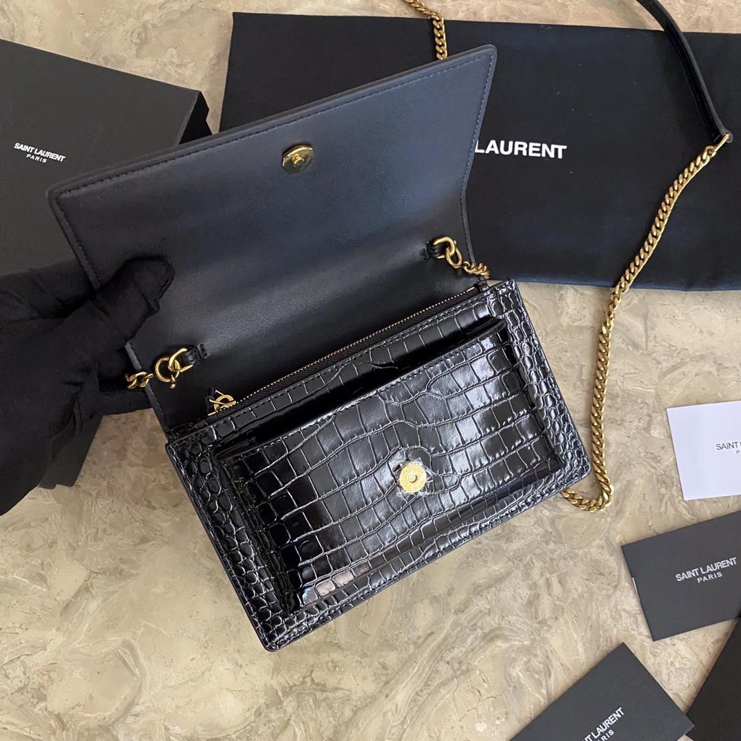 Saint Laurent Sunset Chain Wallet In Crocodile-Embossed Shiny Leather - DopestKickz