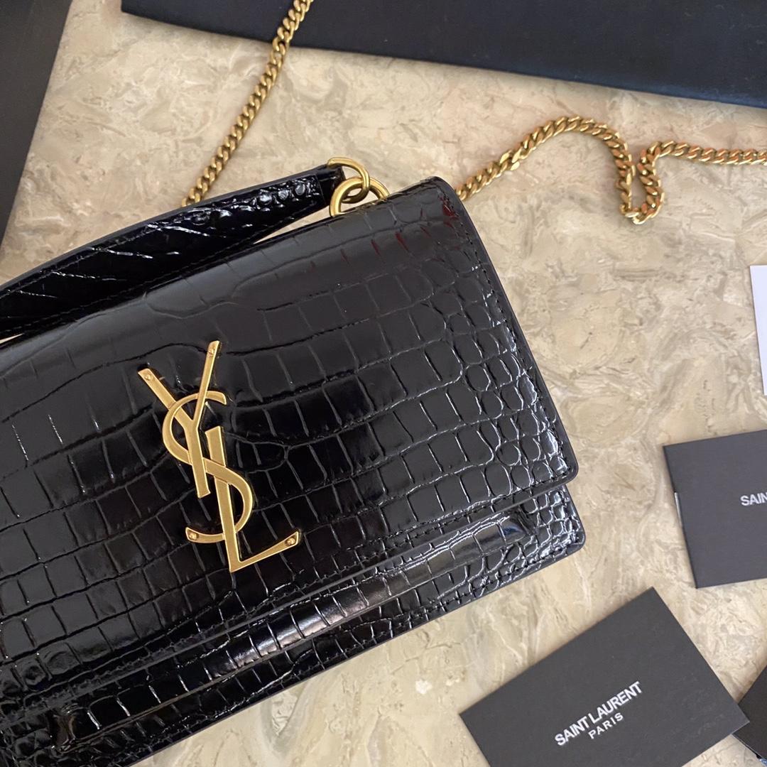 Saint Laurent Sunset Chain Wallet In Crocodile-Embossed Shiny Leather - DopestKickz