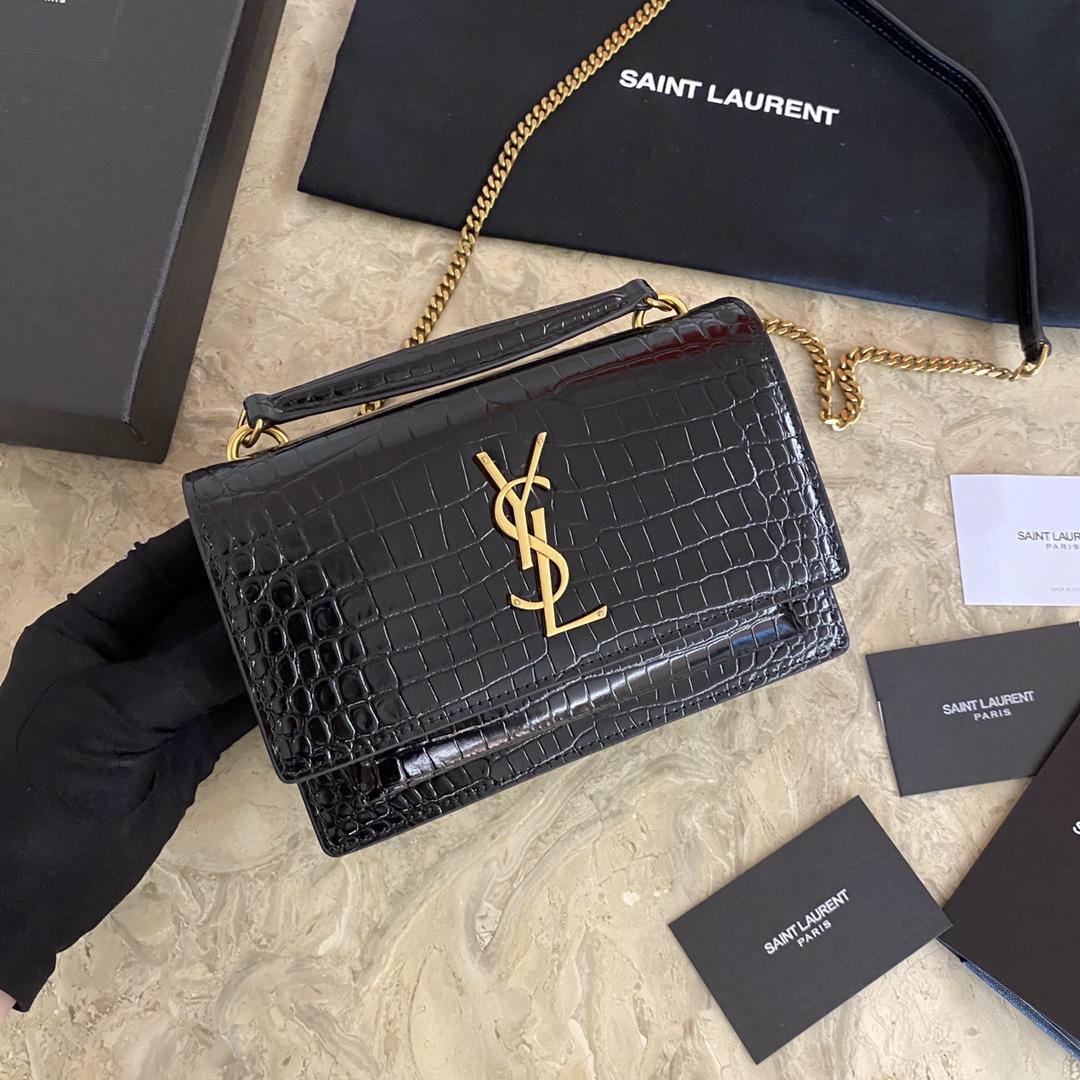Saint Laurent Sunset Chain Wallet In Crocodile-Embossed Shiny Leather - DopestKickz