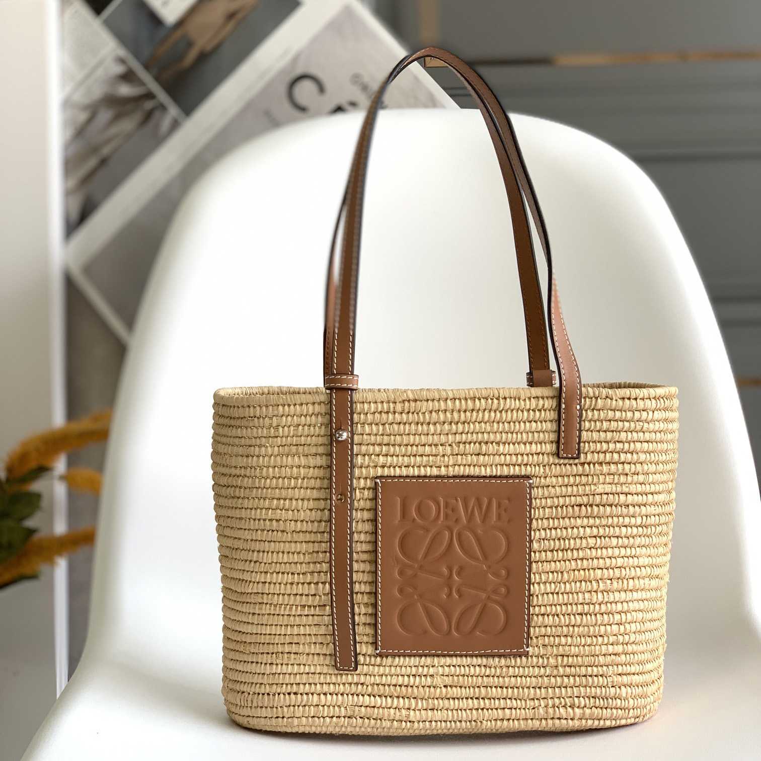 Loewe Small Square Basket bag In Raffia And Calfskin (30*21*11cm) - DopestKickz
