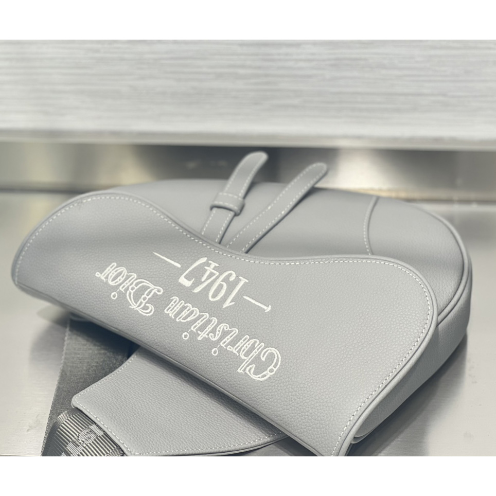 Dior Saddle Bag Dior Gray Grained Calfskin With Christian Dior 1947 Signature (26 x 19 x 4.5CM) - DopestKickz