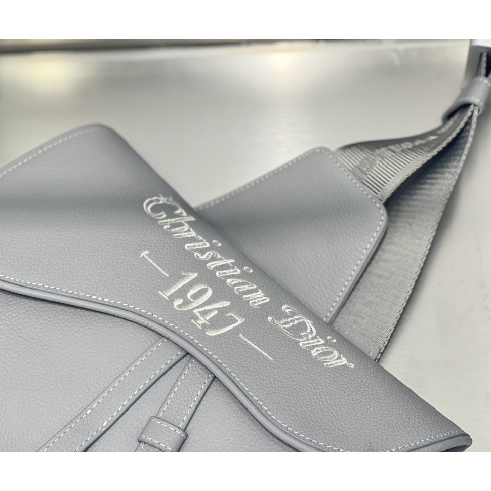 Dior Saddle Bag Dior Gray Grained Calfskin With Christian Dior 1947 Signature (26 x 19 x 4.5CM) - DopestKickz