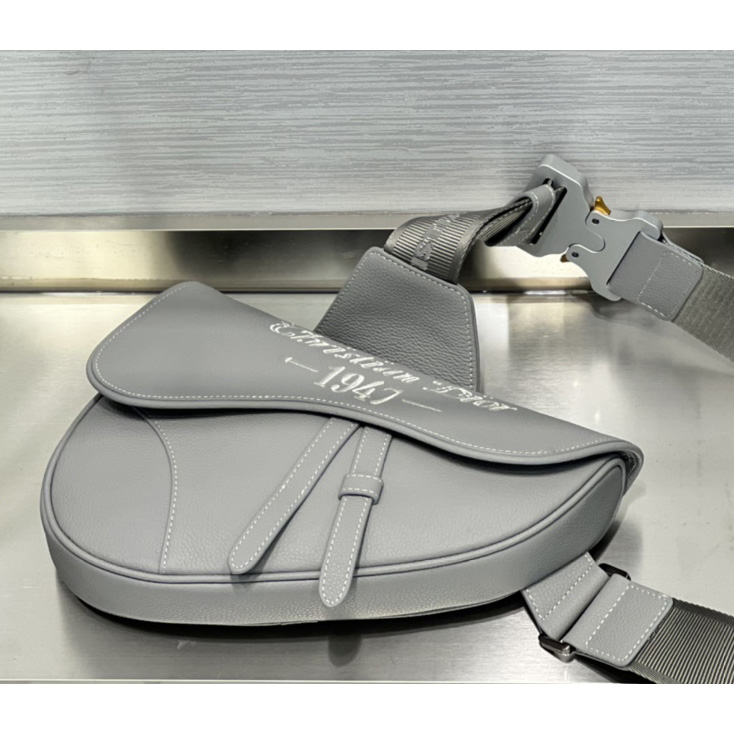 Dior Saddle Bag Dior Gray Grained Calfskin With Christian Dior 1947 Signature (26 x 19 x 4.5CM) - DopestKickz