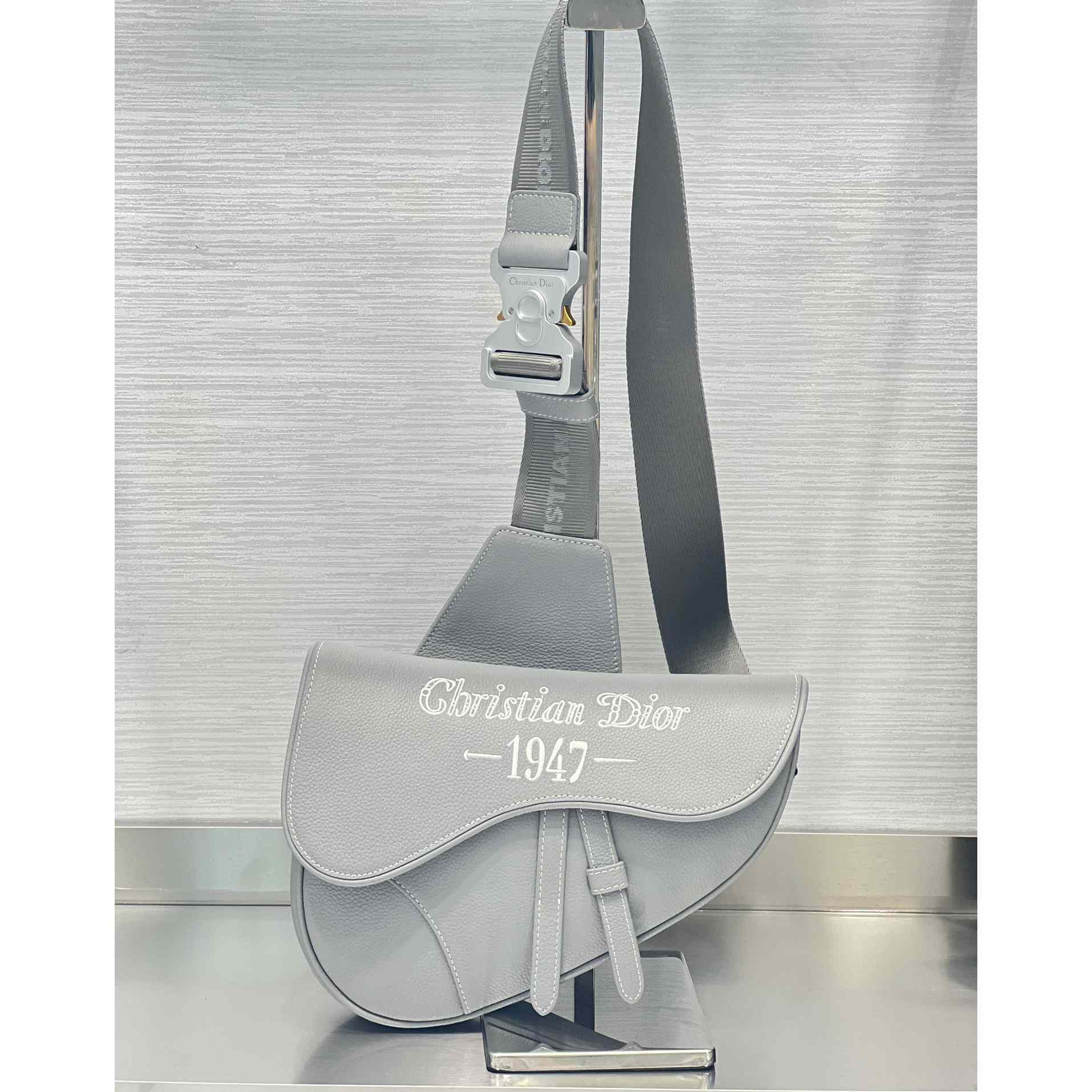 Dior Saddle Bag Dior Gray Grained Calfskin With Christian Dior 1947 Signature (26 x 19 x 4.5CM) - DopestKickz