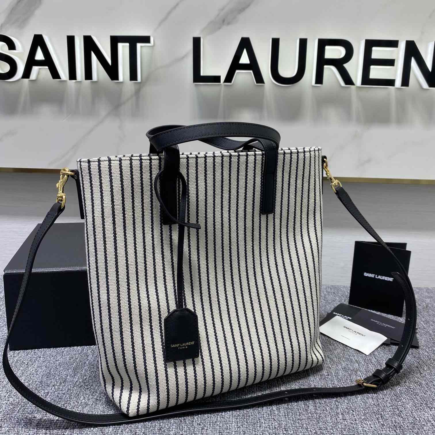 Saint Laurent Shopping Toy Striped Canvas Tote (25x28x8cm) - DopestKickz