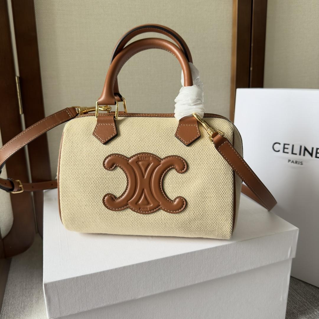 Celine Small Boston Cuir Triomphe In Textile And Calfskin Natural/Tan - DopestKickz