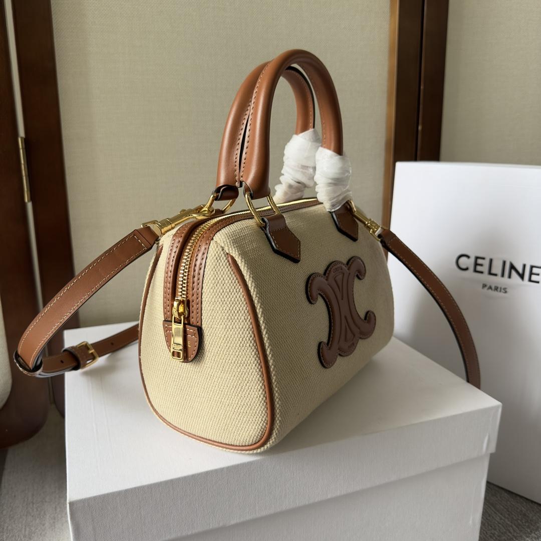 Celine Small Boston Cuir Triomphe In Textile And Calfskin Natural/Tan - DopestKickz