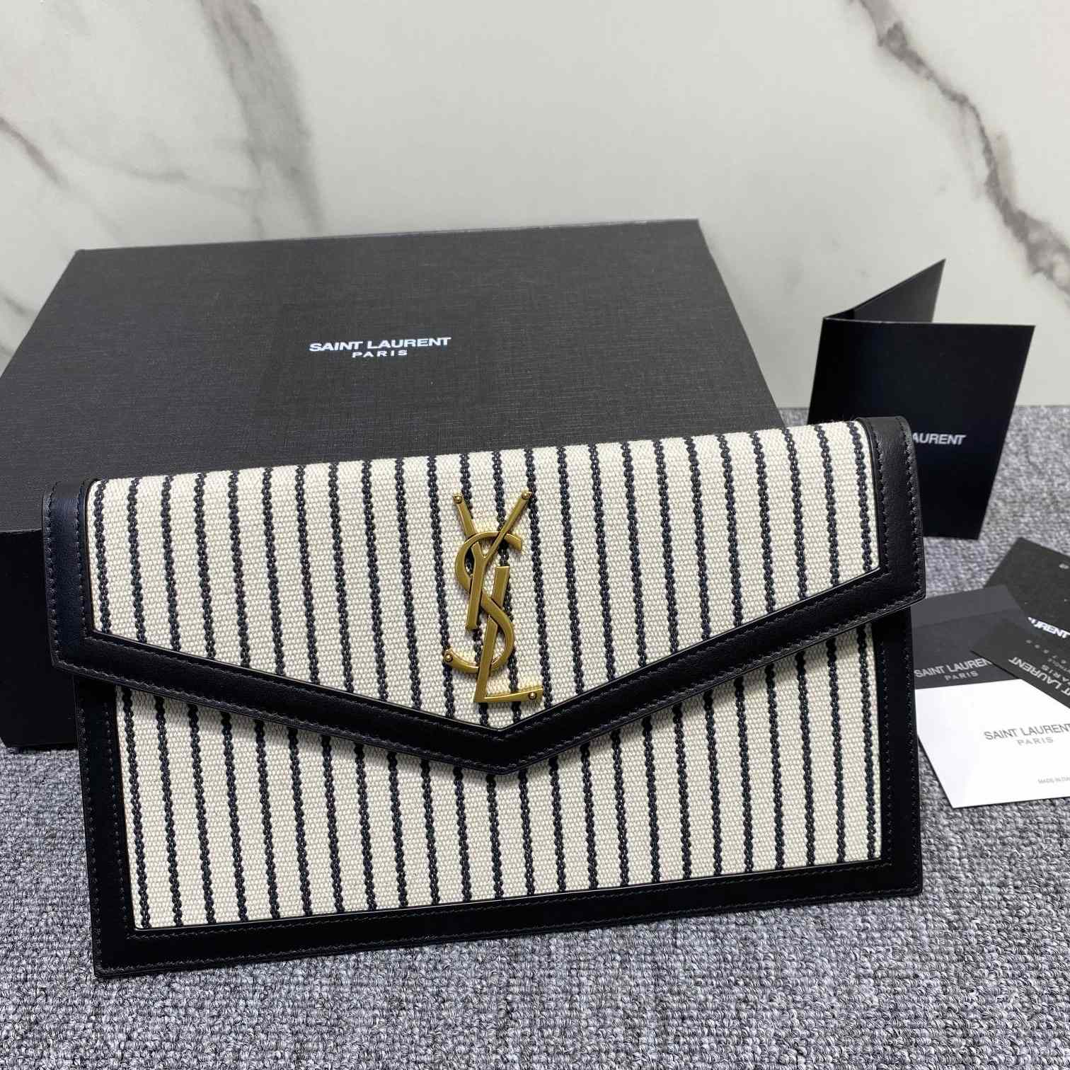 Saint Laurent Uptown Striped Envelope Clutch Bag(27x16x2cm) - DopestKickz