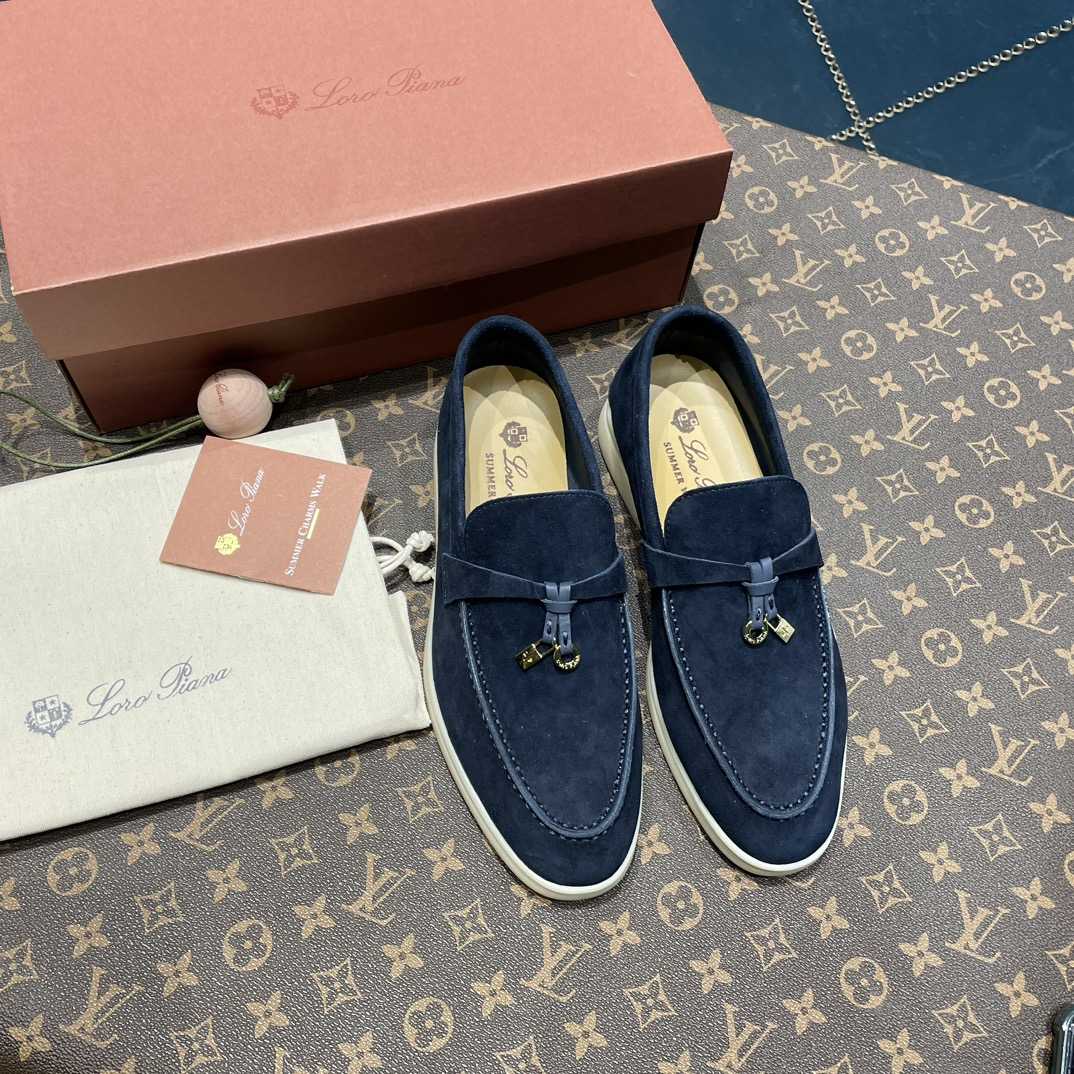 Loro Piana Summer Charms Walk Suede Loafers In Caviar - DopestKickz