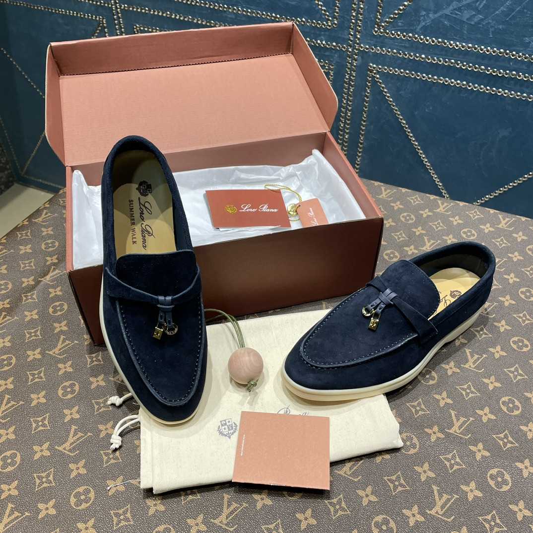 Loro Piana Summer Charms Walk Suede Loafers In Caviar - DopestKickz