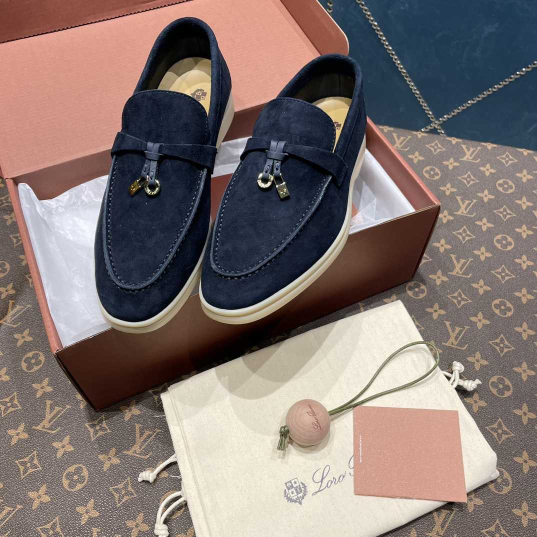 Loro Piana Summer Charms Walk Suede Loafers In Caviar - DopestKickz
