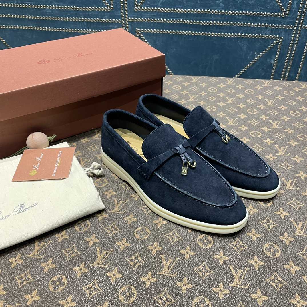 Loro Piana Summer Charms Walk Suede Loafers In Caviar - DopestKickz