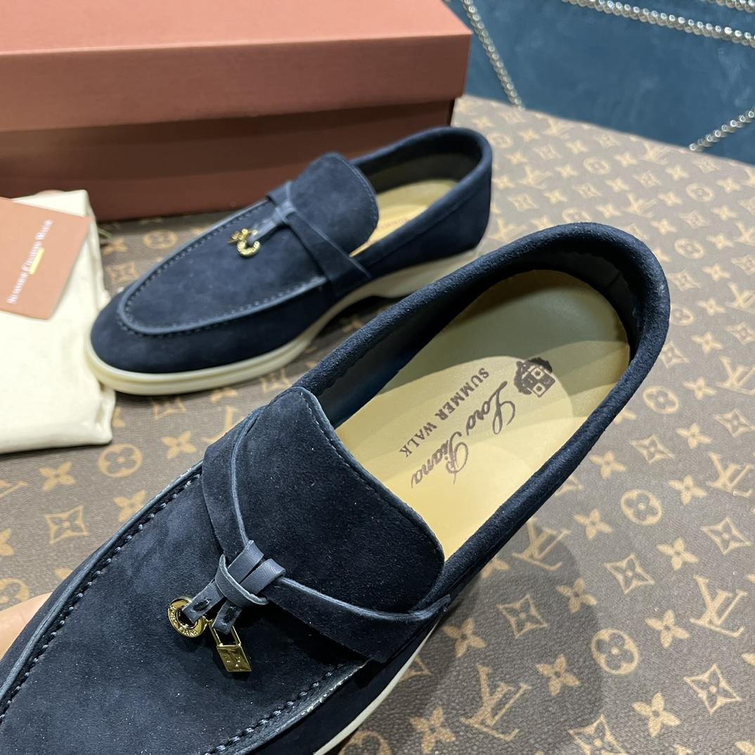 Loro Piana Summer Charms Walk Suede Loafers In Caviar - DopestKickz